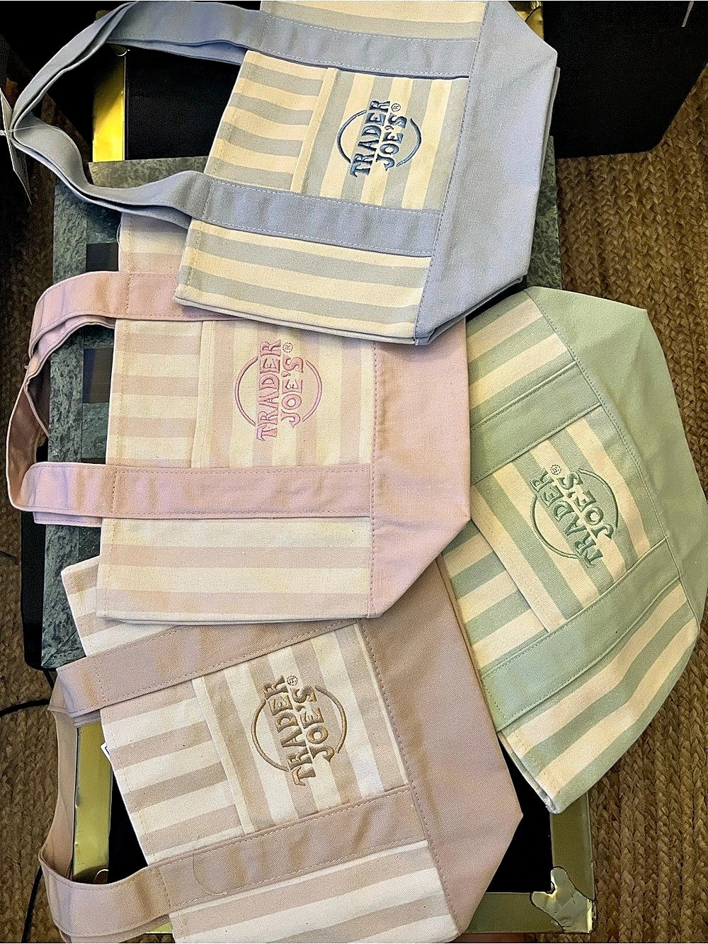 Trader Joe's Striped Mini Canvas Tote Bag Set Green, pink, brown, blue (4 mini t